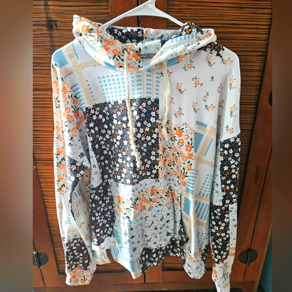 Ampersand Avenue Floral Patchwork Hoodie, Size Large